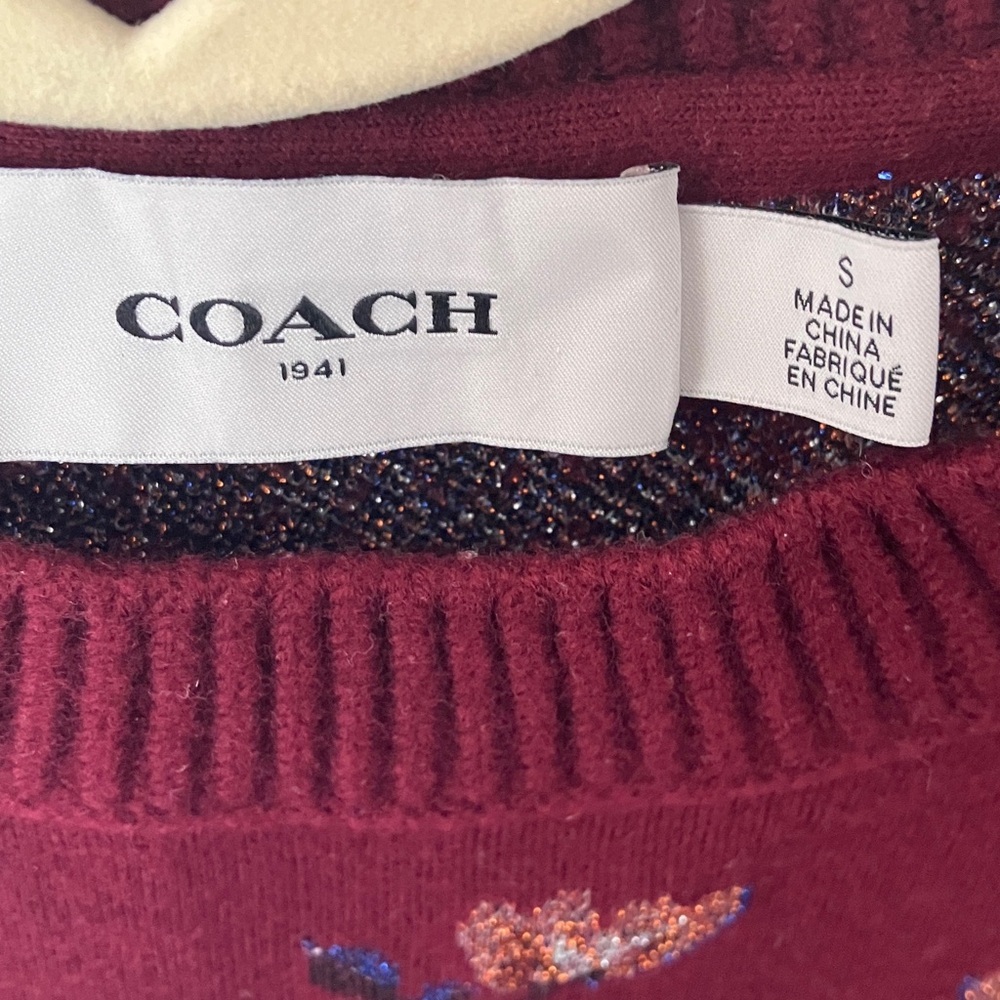 Coach: Burgundy Floral Jacquard Crewneck (66531)Sweater- Wool Blend- Metallic- S - Picture 2 of 16